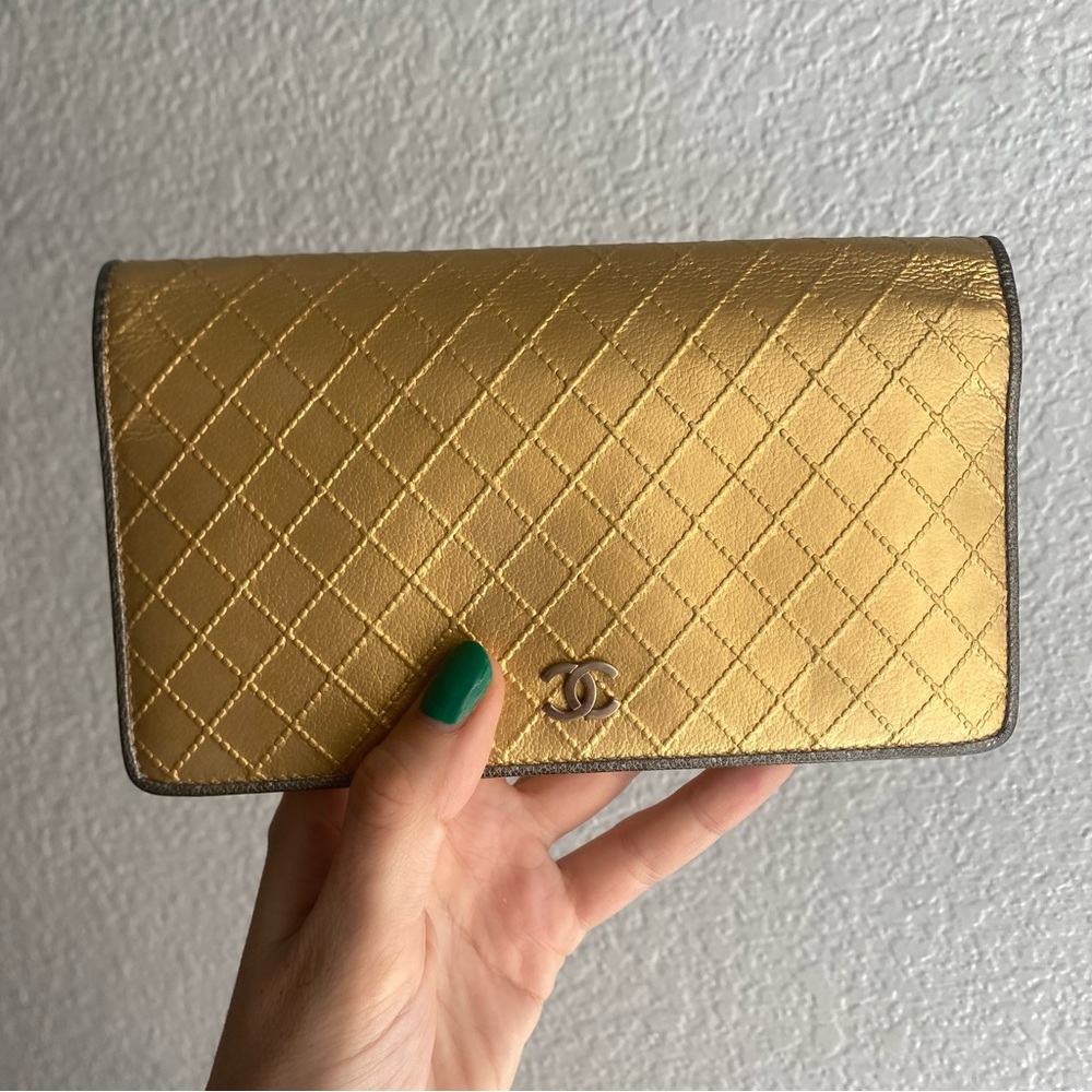 Chanel Gold / Pewter Embossed Quilted Wallet